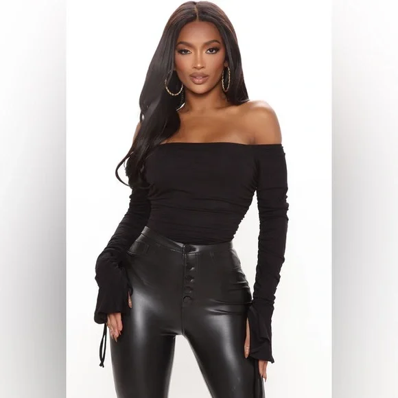 BLACK Off Shoulder Bodysuit 2XL PIT TO PIT 22” STRETCHY NWOT - Picture 4 of 8